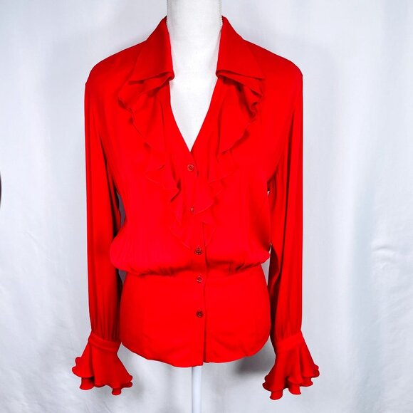 Vintage ESCADA Womens Silk Red Spanish ruffle Flare Long Sleeve Blouse 34 / S - Picture 13 of 16